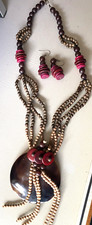 Statement Necklace Earring Set Beaded Brown Beige Red Vintage Wooden