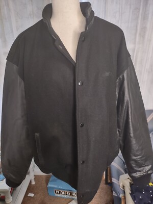 North End Letterman Jacket XL Black Leather Wool Coat Quilt