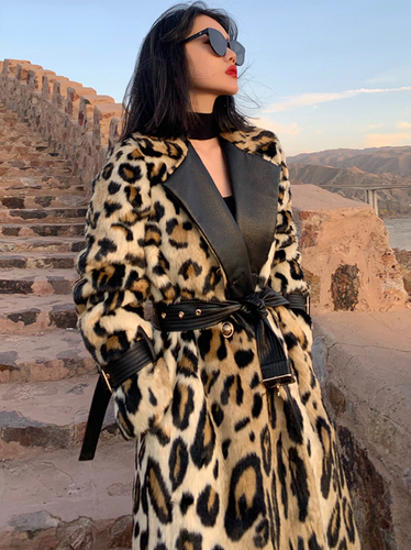 Winter Long Leopard Print Warm Fluffy Faux Fur Trench Coat for Double Breasted