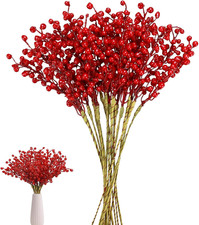 16pcs Artificial Red Berry Stems Holly, Christmas Tree Decor for Crafts
