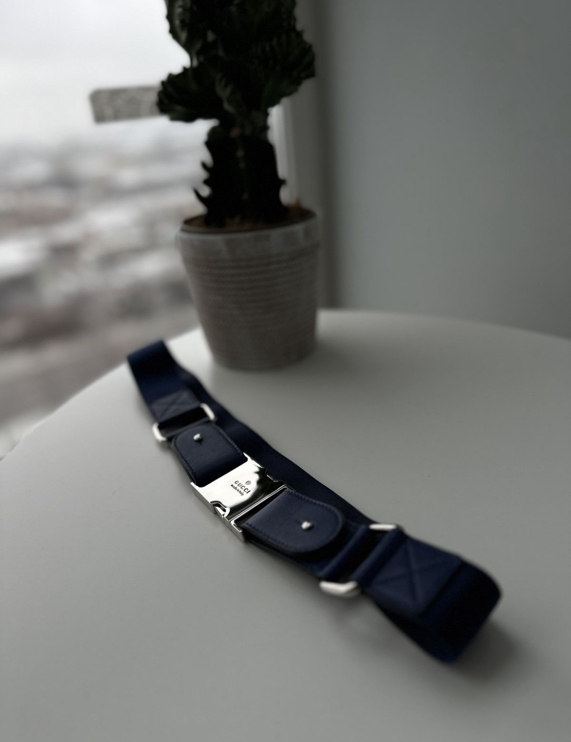 Gucci Blue Leather Belt for Men with Metal Buckle Size 32-34 Authentic