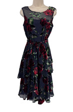 Tahari Whimsigoth Dark Romantic Fairy Dress Womens 6 Black Red Velvet Floral