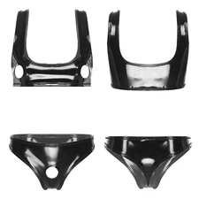 Women's Nightwear Lingerie Wet Look PU Hollow-out Crop Tank & Crotchless Briefs 