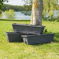 Set of 3 50cm Rectangular Plastic Grey Garden Planters Plant Pots Flower Trough