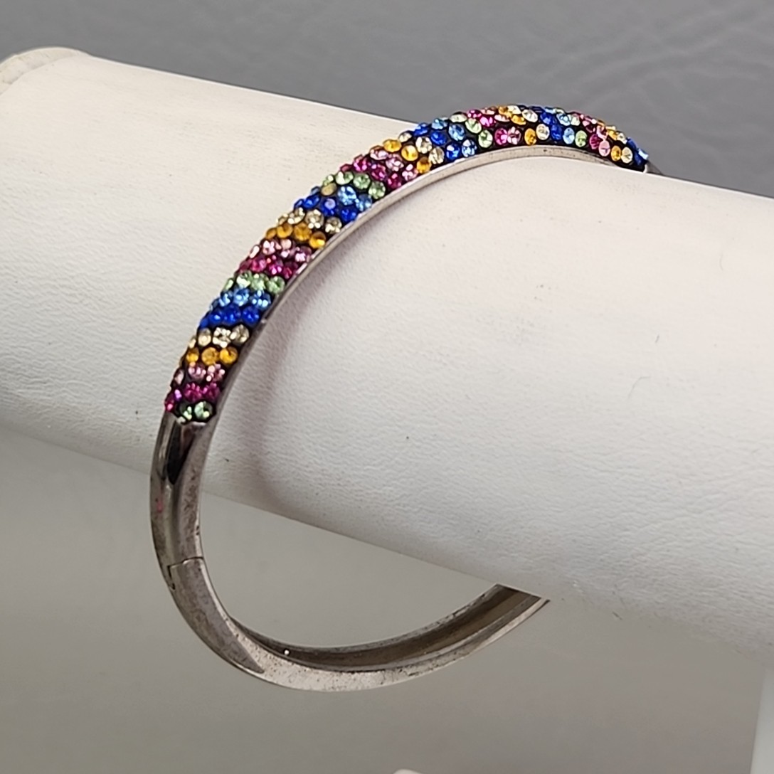 Rhinestone Bangle Bracelet Hinged Multicolor Glas… - image 4