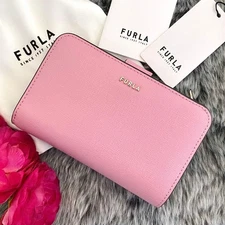 FURLA Pink Leather Wallet Compact Card Coin Holder Used Japan