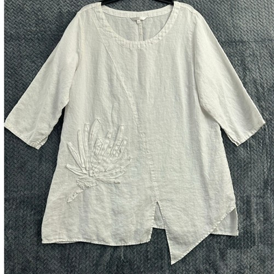 #ad Kleen White 100% Linen Top XL Lagenlook Flowy Beachy Embroidered $27.99