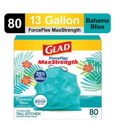 Glad ForceFlex MaxStrength 13-Gallon Tall Kitchen Drawstring Trash Bags,80 count