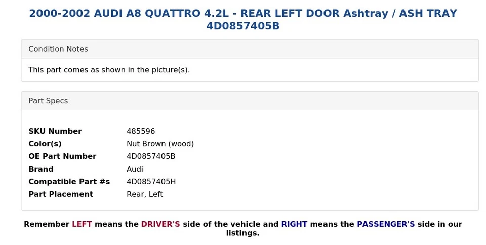 AUDI A8 QUATTRO 2000-2002 4,2 L - Cenicero puerta trasera izquierda / bandeja ceniza 4D0857405B Foto 4 de 4