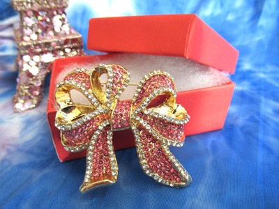 GORGEOUS  VALENTINE PINK BOW CRYSTAL GOLD BOWKNOT BROOCH NEW