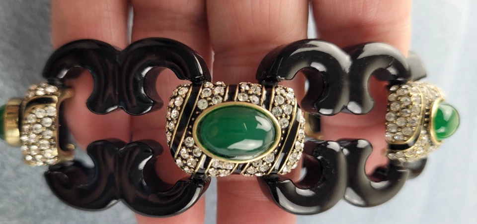 Heidi Daus "Elegância Distinta" Pulseira Cabochão Preto Verde Strass 8" - Imagem 2 de 4