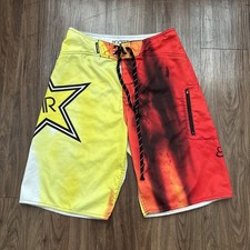 Fox Rockstar Energy Board Shorts Men's 28 Yellow Red Swim Trunks Beach Graphic