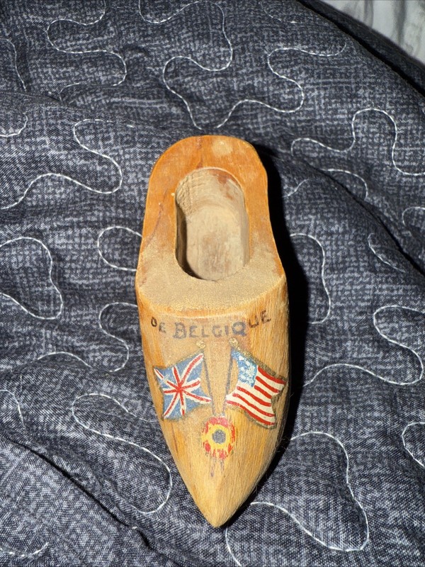 VTG Handmade Belgium wooden clog  with flags of United States & United Kingdom