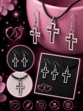 Memories in Resin Silver Tone Cross Necklace & Earrings Set Black Cord