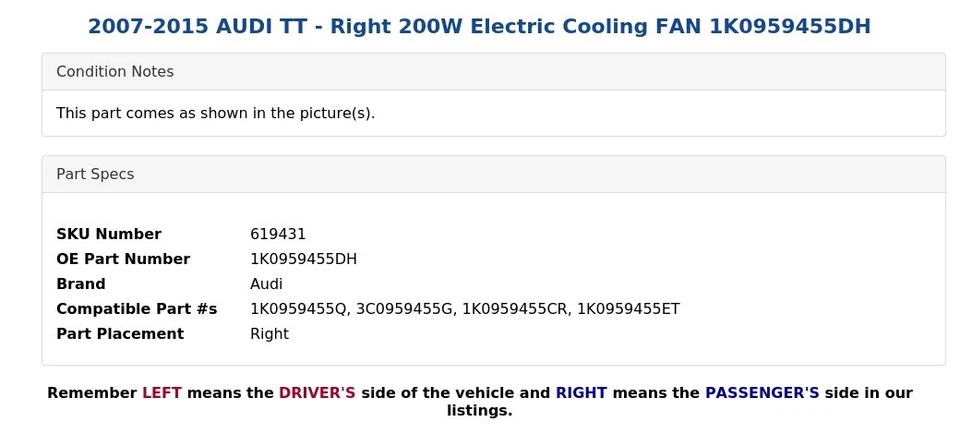 AUDI TT 2007-2015 - Ventilador de refrigeración eléctrico derecho 200 W 1K0959455DH Foto 3 de 3