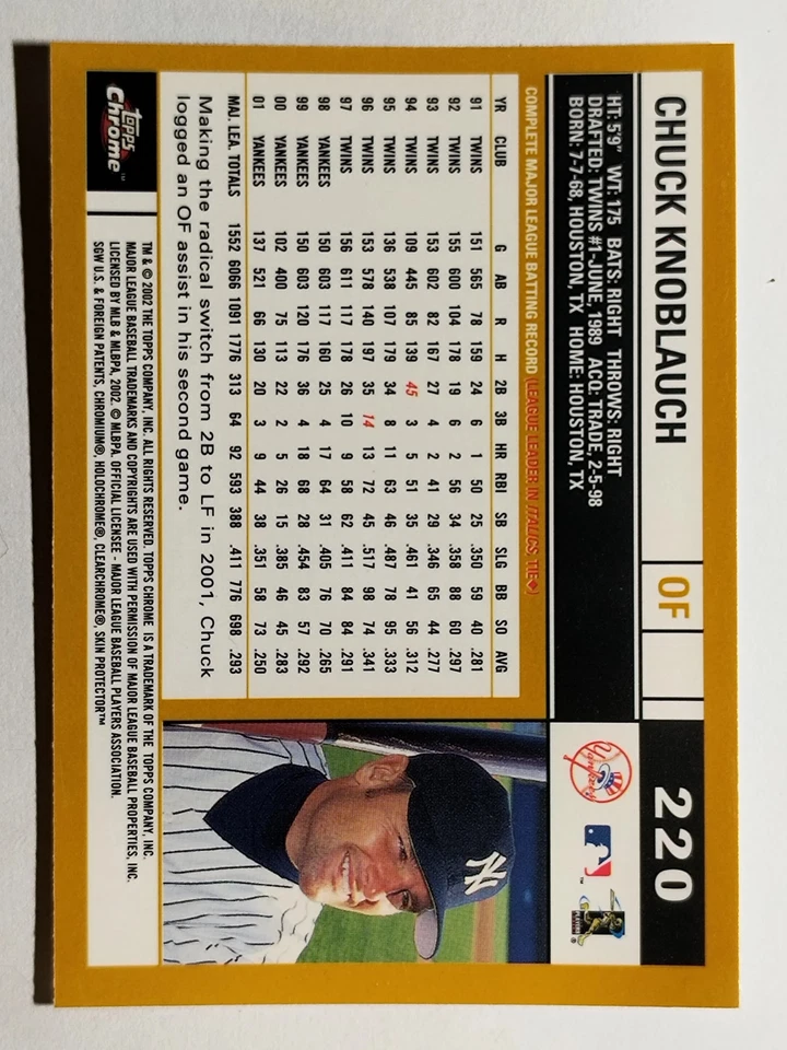 2002 Topps Chrome #220 Chuck Knoblauch - Image 2 of 2