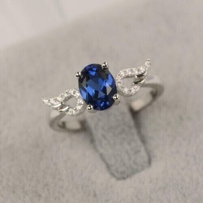 2Ct Oval Cut Simulated Blue Sapphire Pretty Wedding Ring 14k White Gold Plated