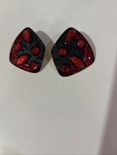 Vintage 80's earrings pierced red & black enamel with bright red rhinestones