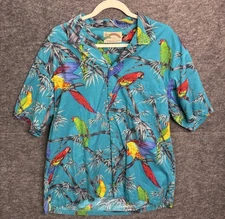 PARADISE FOUND Blue Hawaiian Shirt Vintage Parrots Palm Tree L Light Button Up
