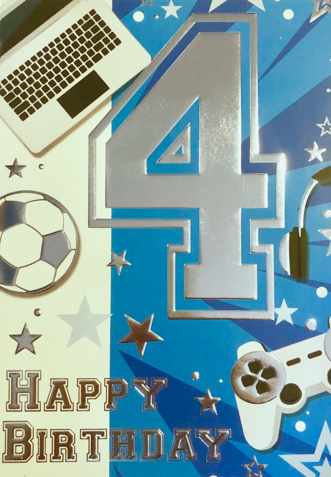 Happy 4th Birthday greetings card, football & tech theme, brand new
