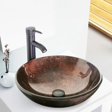 Bathroom Vessel Sink Glass Ceramic Bowl Drain Faucet Combo Pop Up Basin Set US