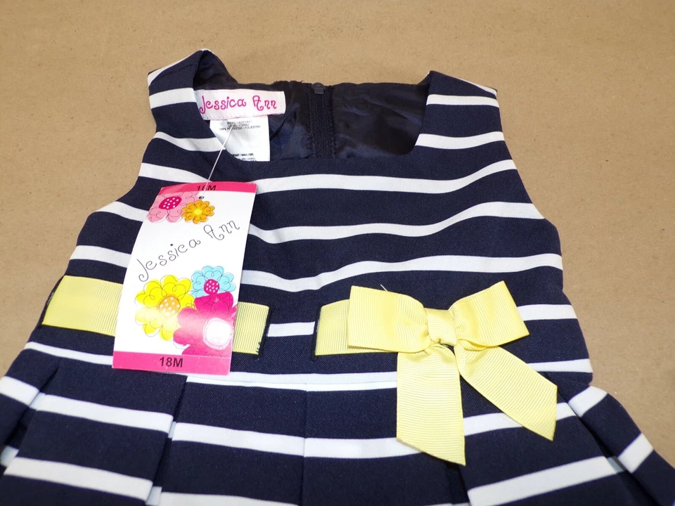 Vestido Jessica Ann Niñas Rayas Sin Mangas Azul Marino con Lazo de Cinta Amarilla (Azul Marino 18M) Foto 4 de 4