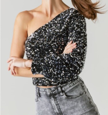 NWT Francesca s Sequins One Shoulder Crop Blouse size XL Mi Ami