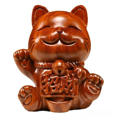 6'' Natural Rosewood Carved Chinese Fortune Cat Statue Money Feng Shui Decor