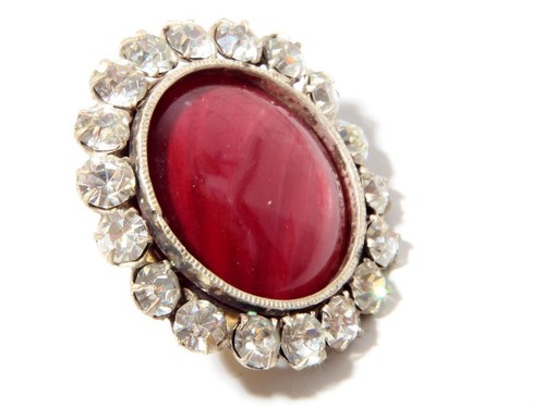 Czech Victorian silver metal crystal rhinestone red cabochon button - Picture 2 of 3