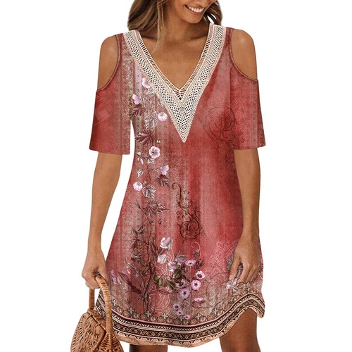 Womens Floral Cold Shoulder Mini Dress Summer Holiday Party Lace V-Neck Sundress - Picture 17 of 24