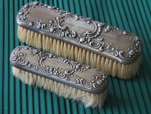 GORHAM Antique Art Nouveau Repousse Sterling Silver Set Of Two Clothes Brushes