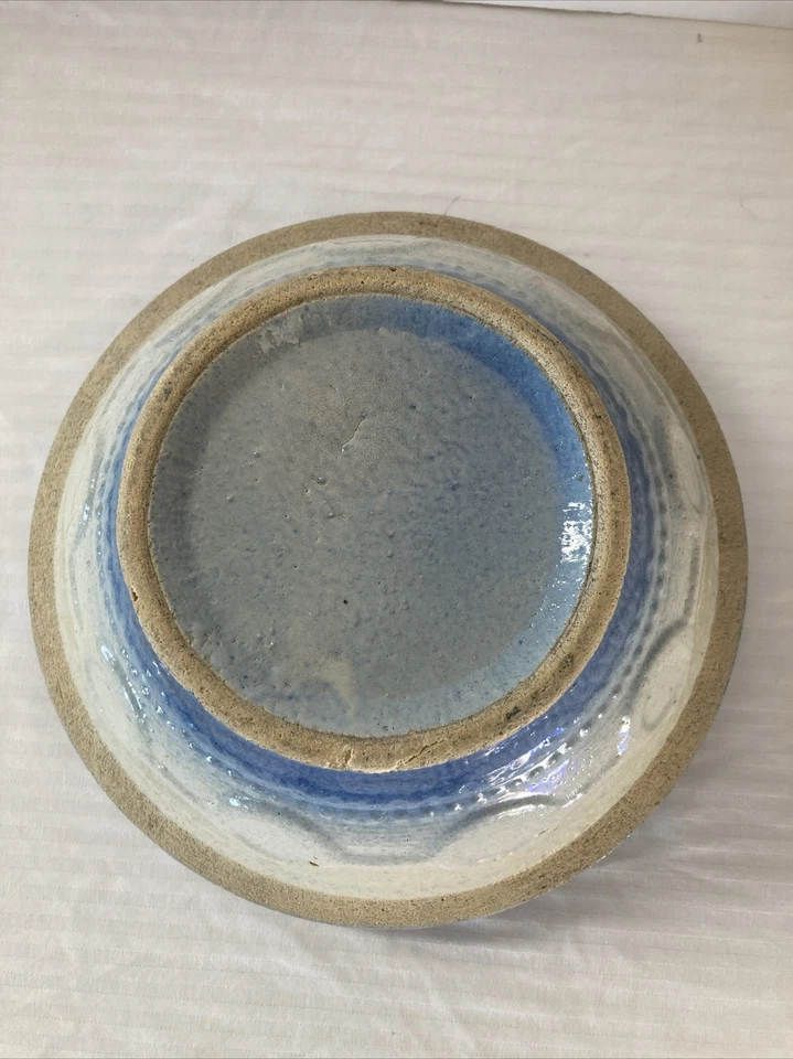 Antique Primitive Stoneware Salt Glaze Chain Rings Blue White 8" Bowl * Awesome! - Image 4 of 4