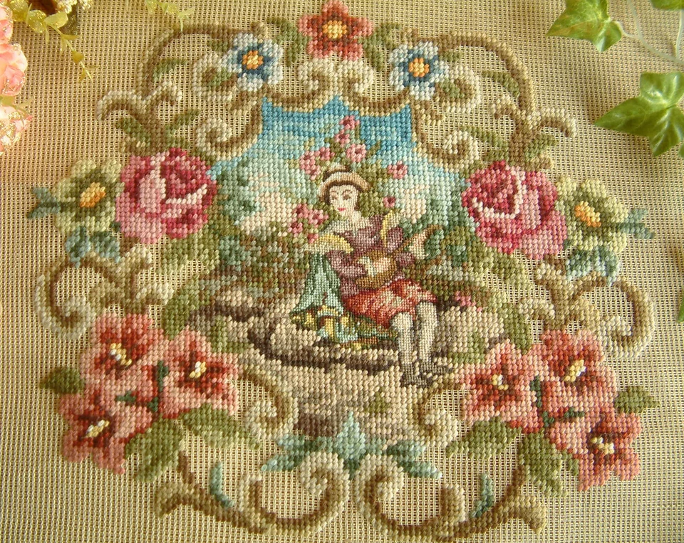 Antique Young Lady In Rose Floral Vines Preworked Needlepoint Canvas  - Image 4 of 4