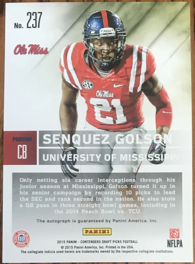 2015 Panini Contenders Draft Picks Rookie Autograph Senquez Golson #237 - Image 2 of 2