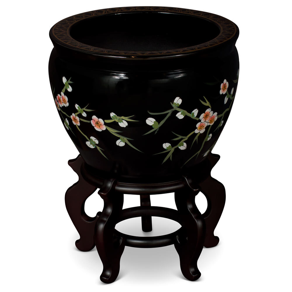 花鸟04 US SELLER - 12In Black Lacquer Porcelain Cherry Blossom