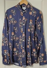 Frank & Oak Shirt Men's M Navy Blue Peach Floral Button-Up L/S Preppy Academia
