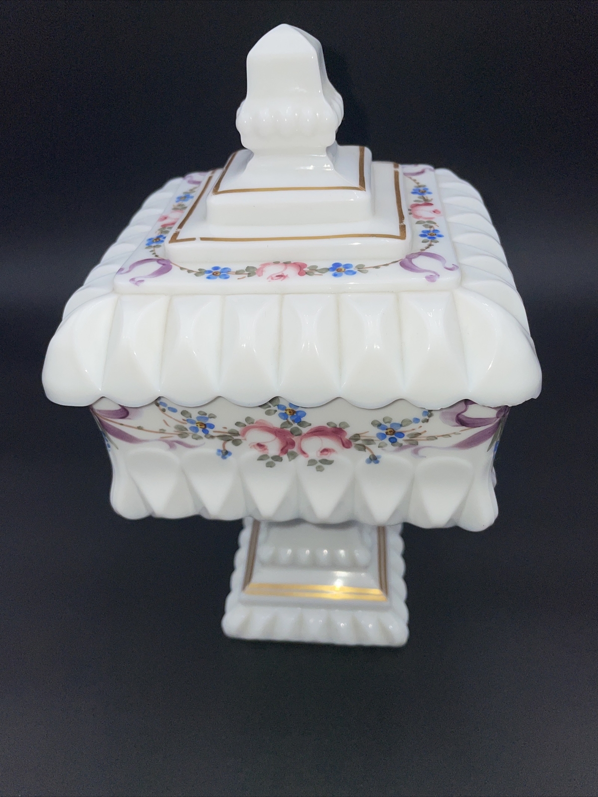 WESTMORELAND SQUARE MILK GLASS WEDDING BOX Hand Painted CANDY DISH 10