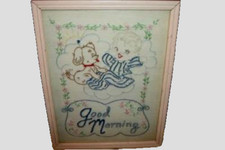 1930s BABY NURSERY EMBROIDERED PICTURE MOTTO BABY DOG GOOD MORNING CHIPPY FRAME