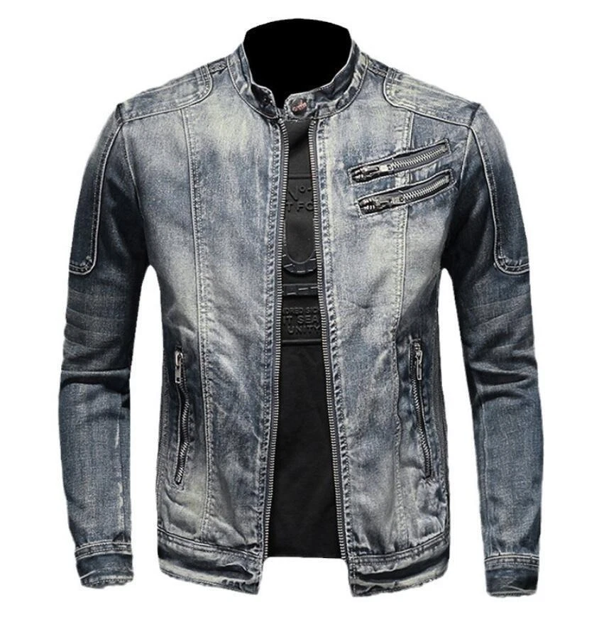 Men's Blue Denim Jean Jacket Zipper Band Collar Motorcycle Coat Zipper Pocket
Opens in a new window 