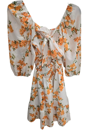 Exlura Floral Tie-Back Mini Dress Womens Small Lantern Sleeve Square Neck NWT - Picture 3 of 9