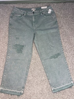 M Jeans By Maurices Straight Crop Original Fit High Rise Green Distressed 14 NEW