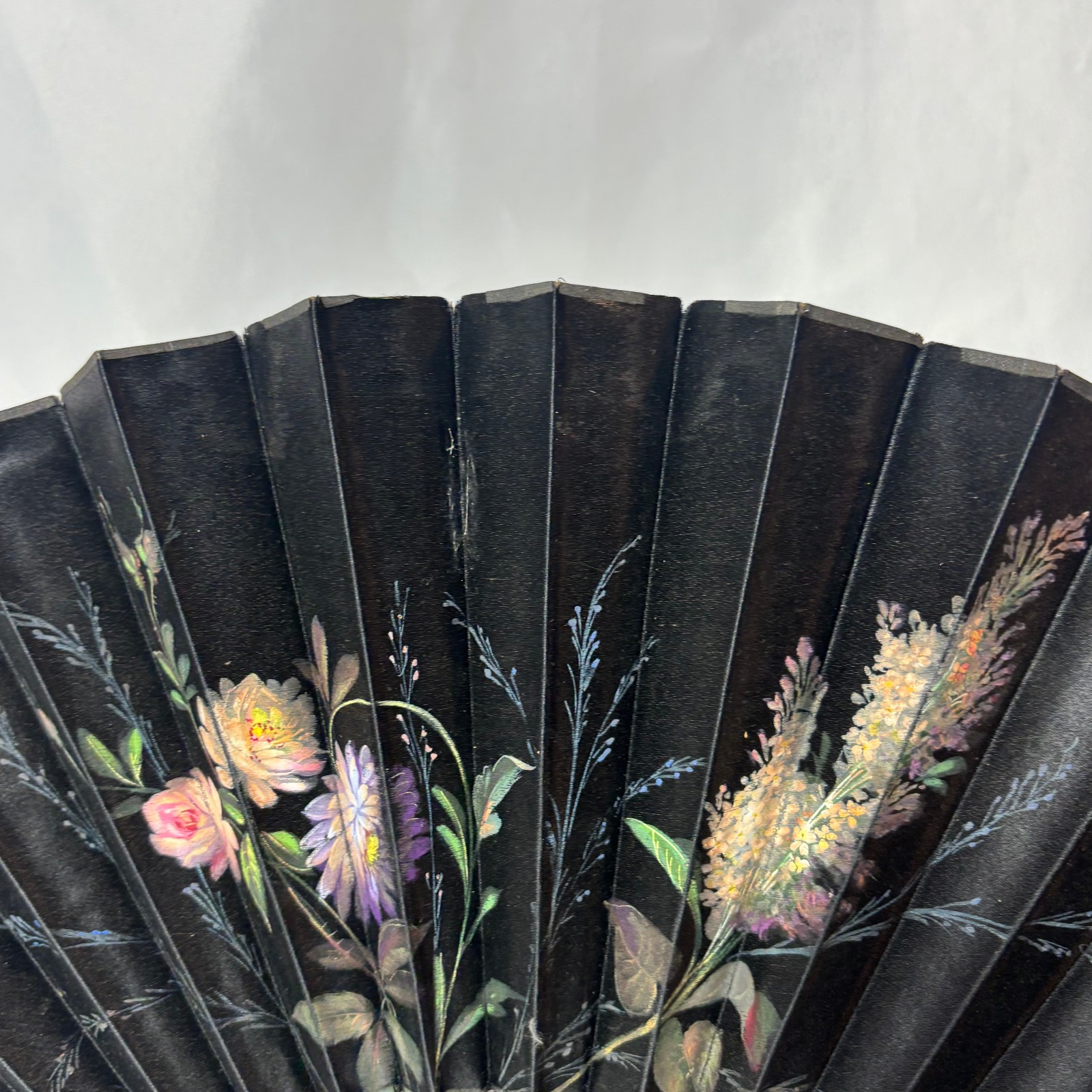 Victorian Mourning Fan Folding Black Satin Painted Flowers & Foliage Black Wood