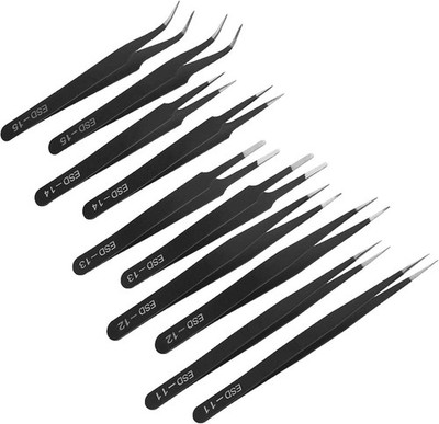 10 Piece Tweezers Set, Industrial ESD Safety Stainless Steel Tweezers Set,