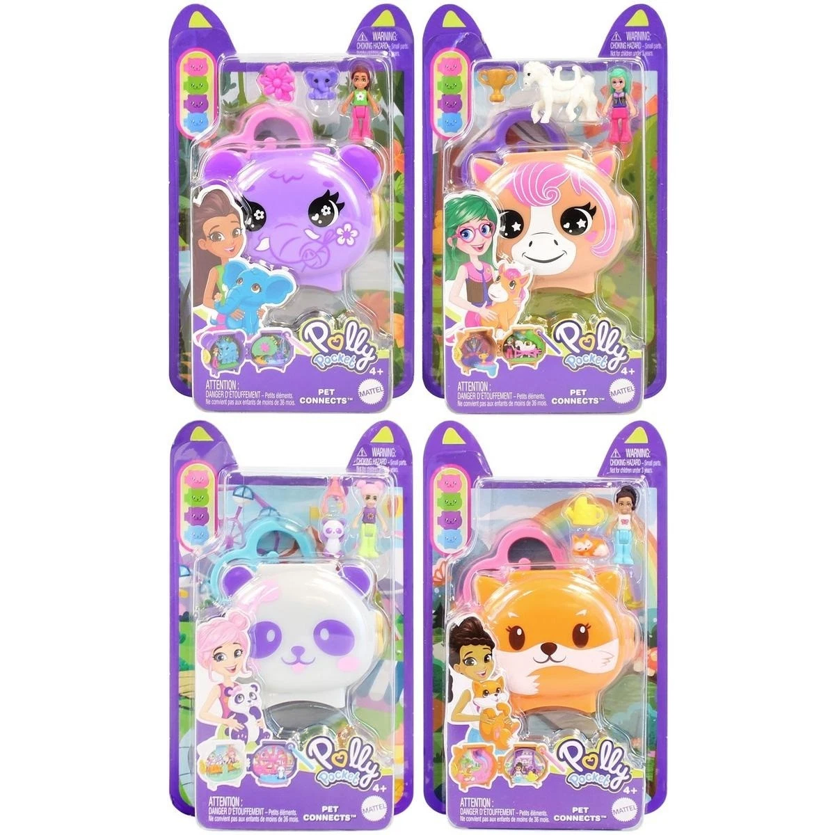 Polly Pocket Pet Connects Fox Panda Horse and Elephant compact playsets