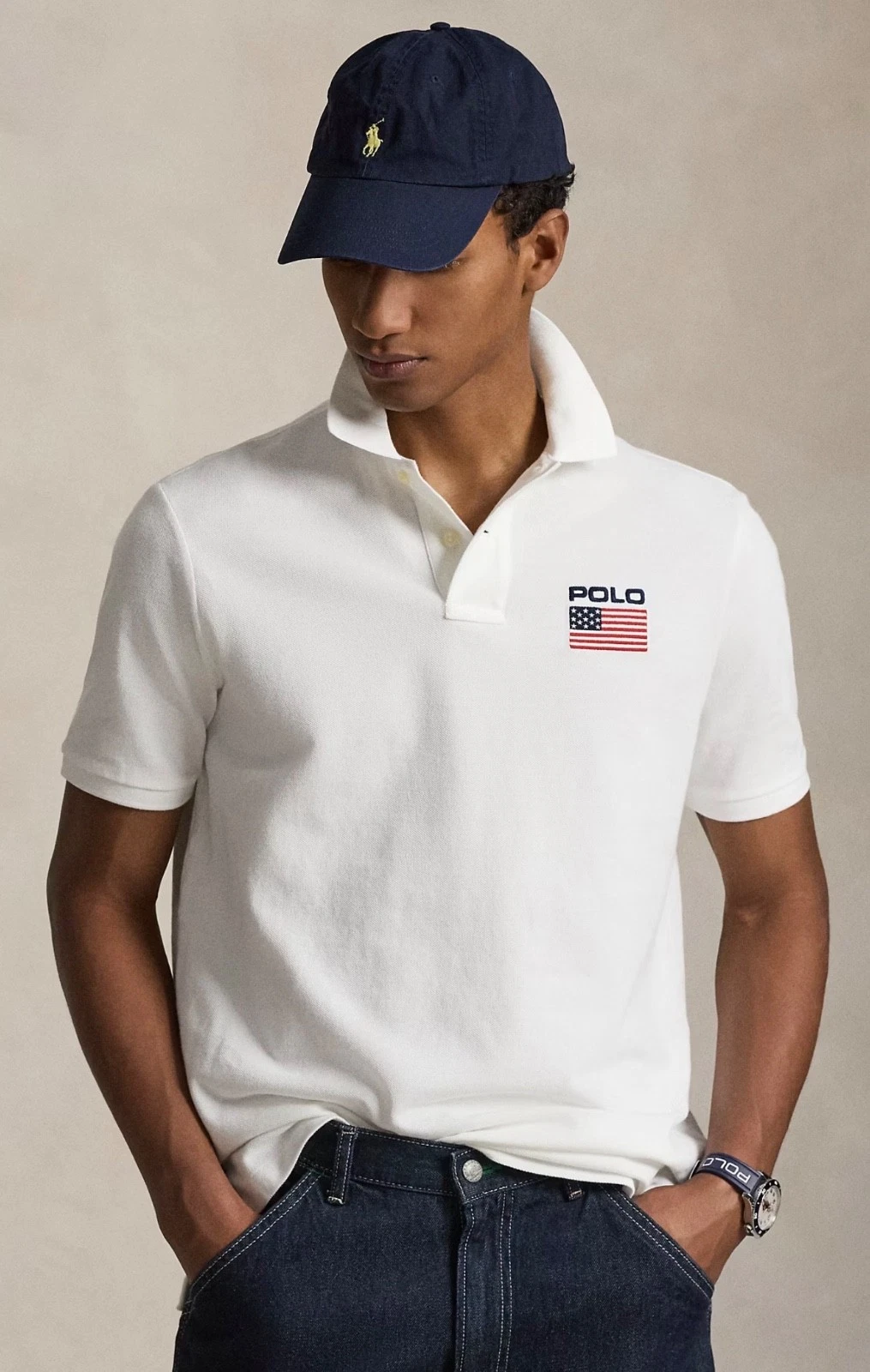NWT Polo Ralph Lauren White USA FLAG Mesh Knit Classic Fit Collared Shirt