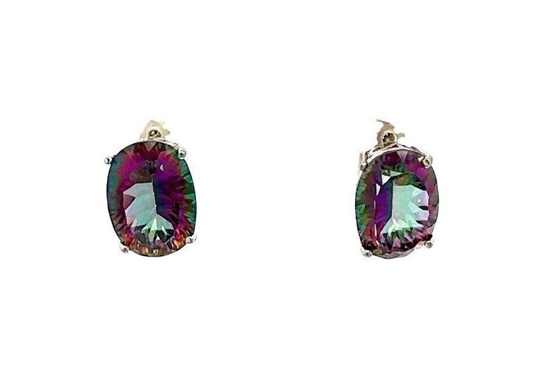 Estate Sterling Silver Mystic Topaz Large Stud Earrings – 925 Jewelry - W/ Backs