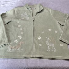 Croft  Barrow Women  s 1X Fleece Zip Cardigan Green Embroidered Dove Sleigh Snow