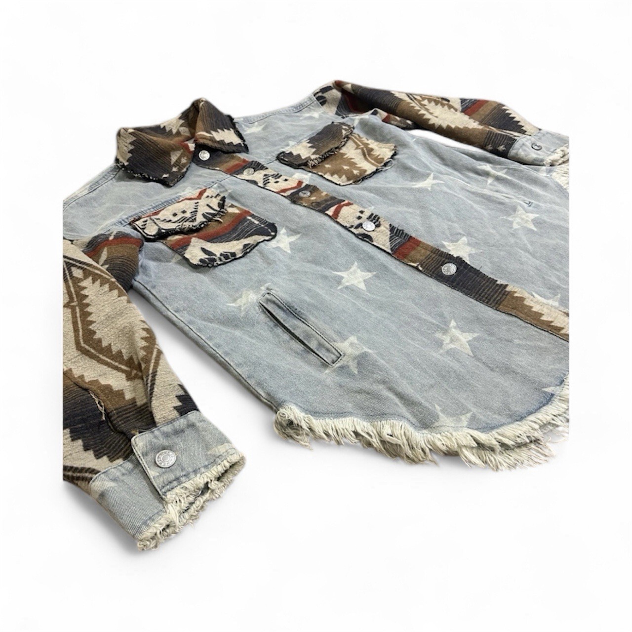 Denim Shacket S Star Print Raw Hem Aztec Southwes… - image 2