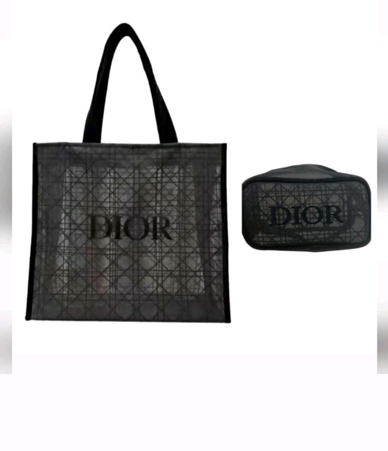 Christian Dior Mesh Black See-Through Tote Bag with Cosmetic Pouch New