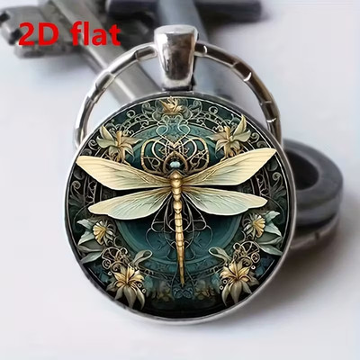 2D Flat, 1pc Elegant Dragonfly Keychain - Golden-Tone Metallic Circular Glass-li